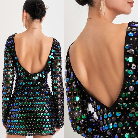 Lulu's Exceptional Radiance Black Multi Iridescent Sequin Backless Mini Dress - Picture 2 of 10
